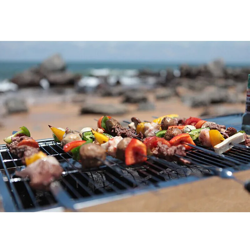Hot 10pcs 15.7''Stainless Steel Barbeque Skewers Portable BBQ Flat Skewers Shish Kabob Sticks Brbecue Grill Churrasco Sticker