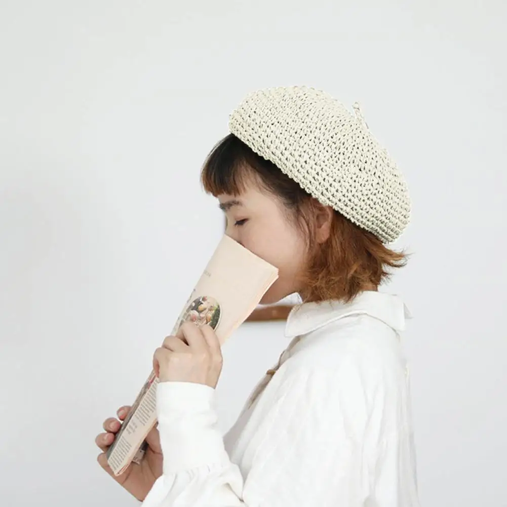 New Women's Beret Spring And Summer Hat Straw Beret Breathable Adjustable Retro Literary Solid Color Painter Hat - Цвет: White