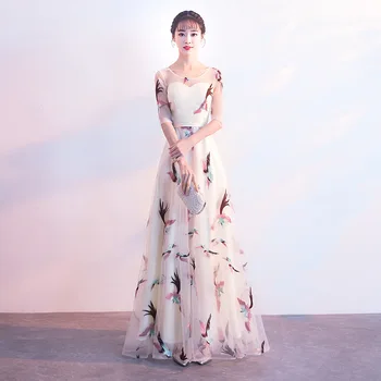 

Luxurious Women Flower Full Length Chiffon Dress Elegant Sexy O-Neck Slim Evening Dresses Celebrity Bridesmaid Wedding Gowns