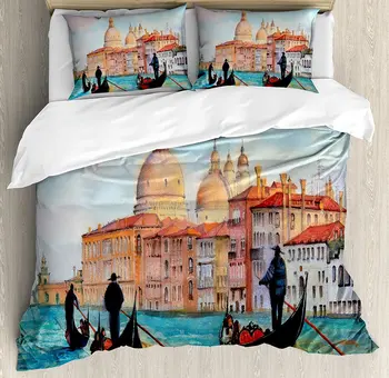 

Venice Duvet Cover Set Watercolor Painting of Venice Serene Cityscape Antique Gondolas Scenic Bedding Set Peach Light Blue Red