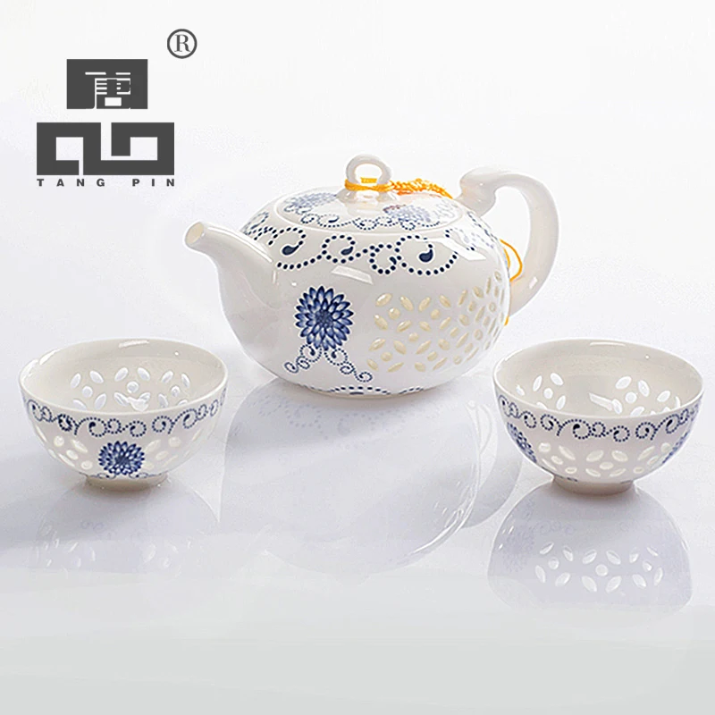 Bule de Cerâmica Xícara de Chá de Porcelana Jogo de Chá Tangpin Chaleiras Azul and requintado Branco Chinesa Kung fu Drinkware
