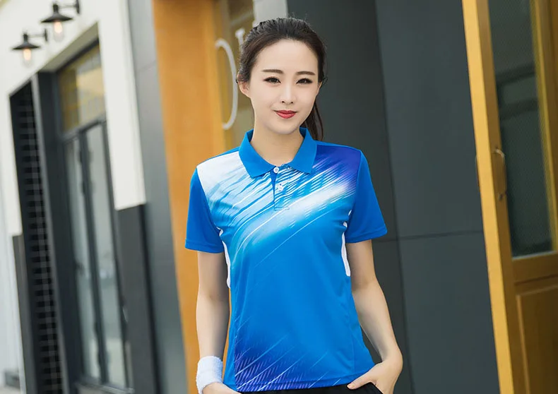 Теннисная Футболка женская/Мужская, с лацканом с коротким рукавом быстросохнущая теннисная тренировочная форма, одежда для бадминтона, настольные теннисные майки - Цвет: Women Blue Shirt