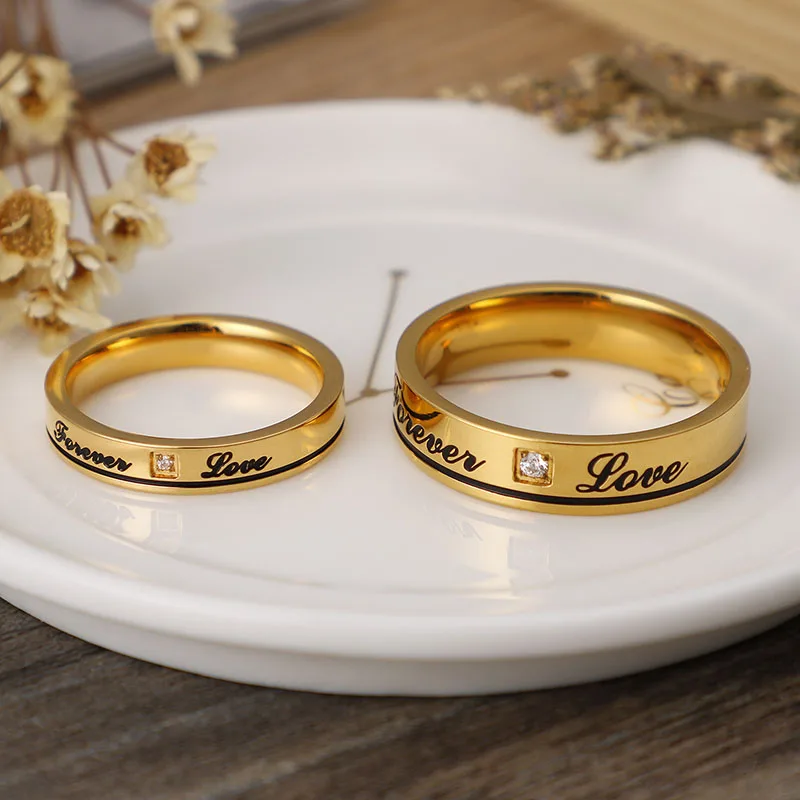 English Forever Love Wedding Rings Cubic Zirconia Couple Rings Black & Gold Color Stainless Steel Anniversary Alliance Jewelry