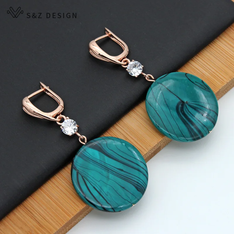

S&Z Big Round Peacock Blue Shell Bohemia Dangle Earrings 585 Rose Gold Long Eardrop Unique Temperament For Women Wedding Jewelry