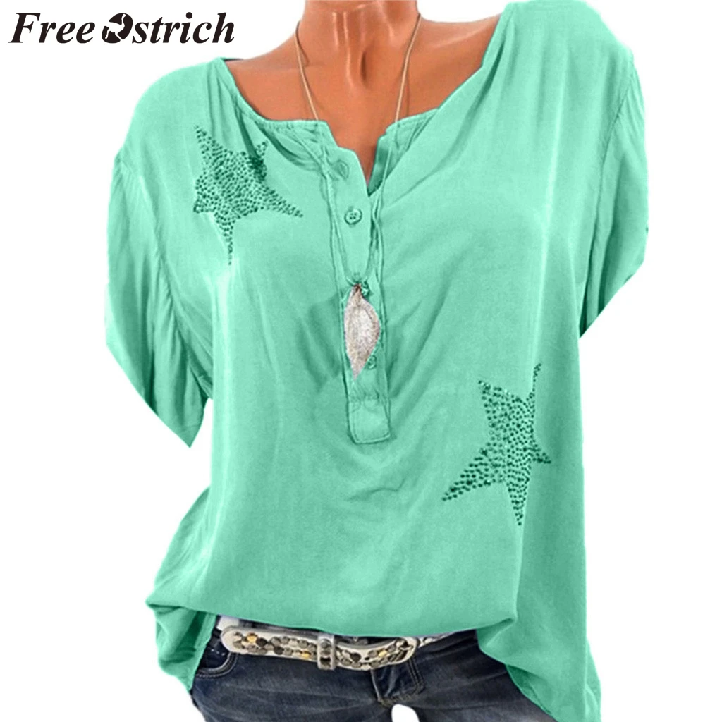 

FREE OSTRICH Women Shirts Button Five-pointed Star Hot Drill Plus Size Tops Popular Honorable Elegant Summer Blouse Shirts