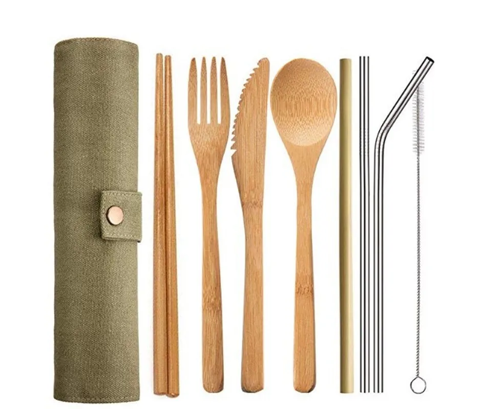 

Dinner Set Bamboo Cutlery Fork Spoon Knife Set Portable Tableware Wooden Metal Straw Flatware Travel Cutlery Sets