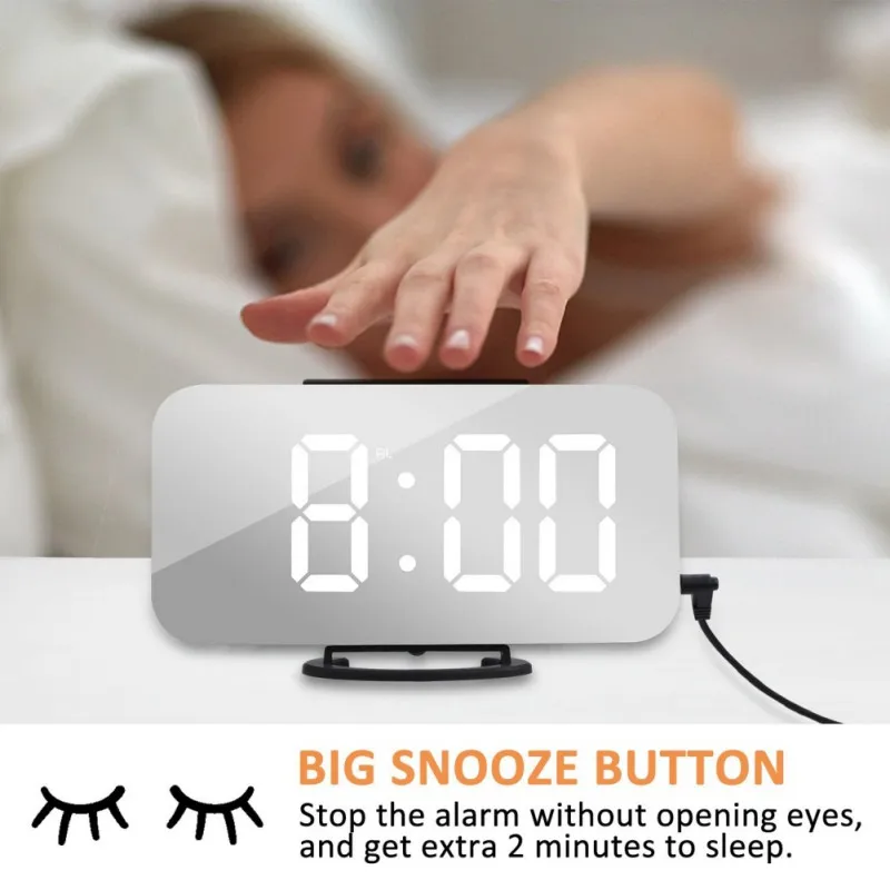 

LED Digital Desktop Mirror Alarm Clock Snooze Display Time with Dual USB Port for Phone, Automatically Adjust the Brightness Pro