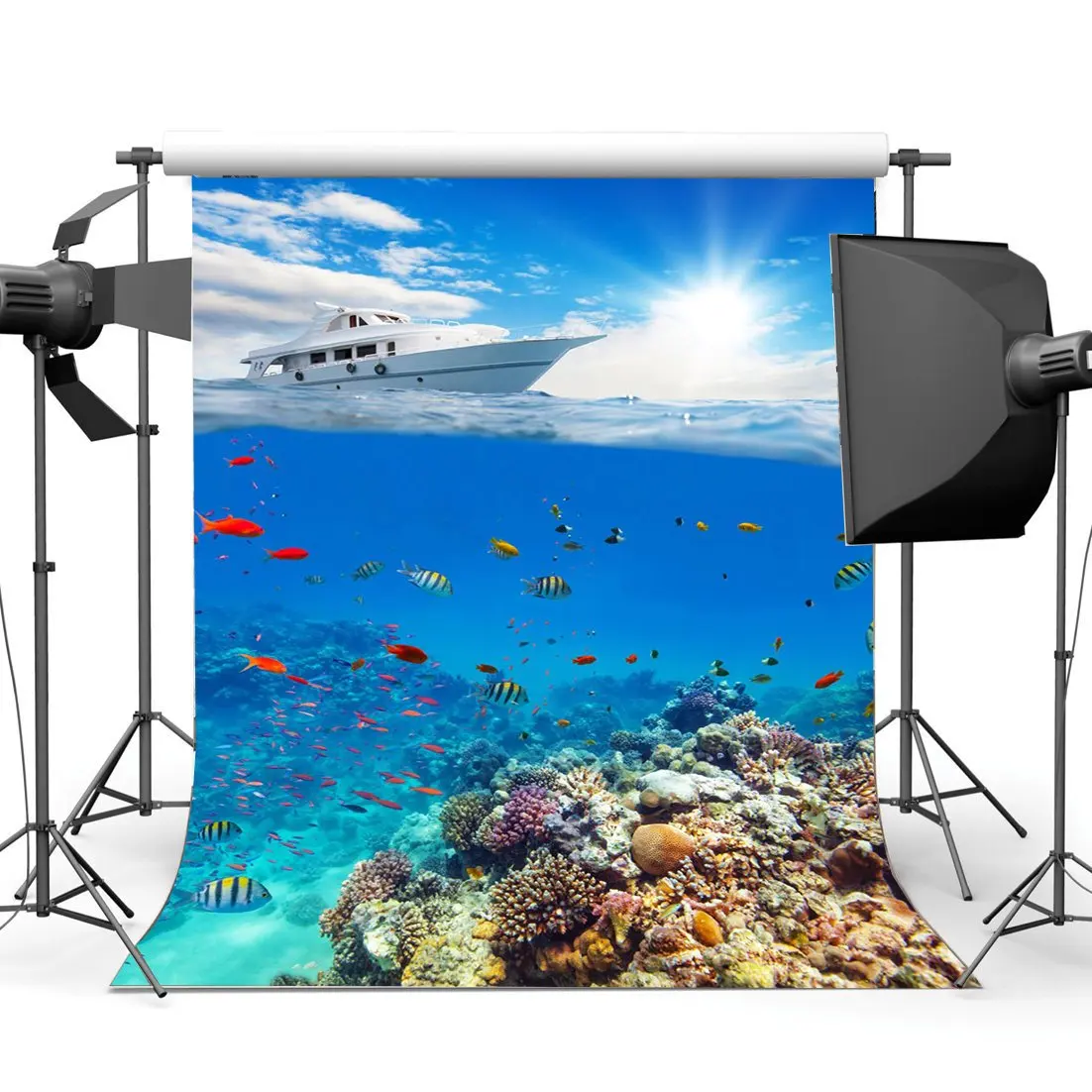 

Underwater World Backdrop Aquarium Backdrops Fish Shells Fancy Coral Luxurious Ship Under the Sea Photography Background