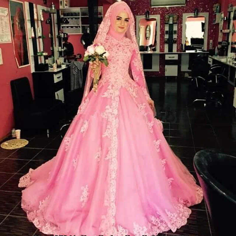 Middle East DuBai Pink Ball Gown Wedding Dresses Long Sleeve Bridal Dresses with font b Hijab