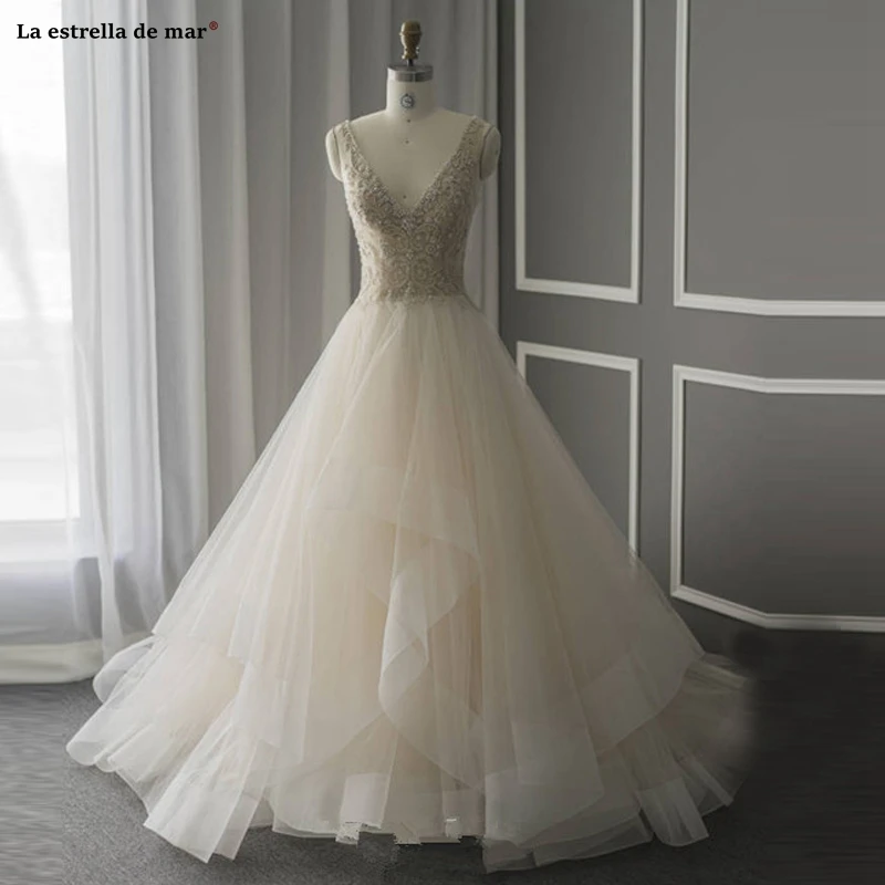 

Robe mariee princesse2019 new tulle crystal sexy V neck A line champagne wedding gowns long vestido de novia real photo gelinlik