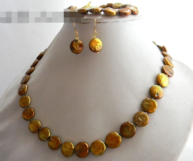 

free shipping 12533 Coffee Coin Freshwater Pearl Crystal Necklace Bracelet Earring Set hot