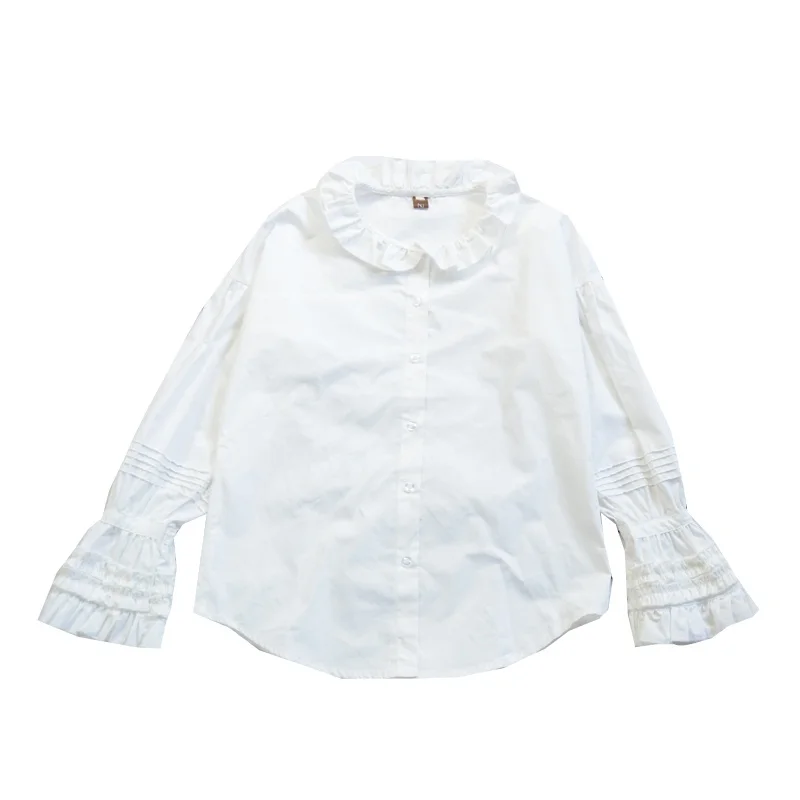 

2018 Spring Autumn Women's Shirts White Long-sleeved Blouses Slim Basic Tops Wooden Ear Hollow Shirts Female High Quality Tops