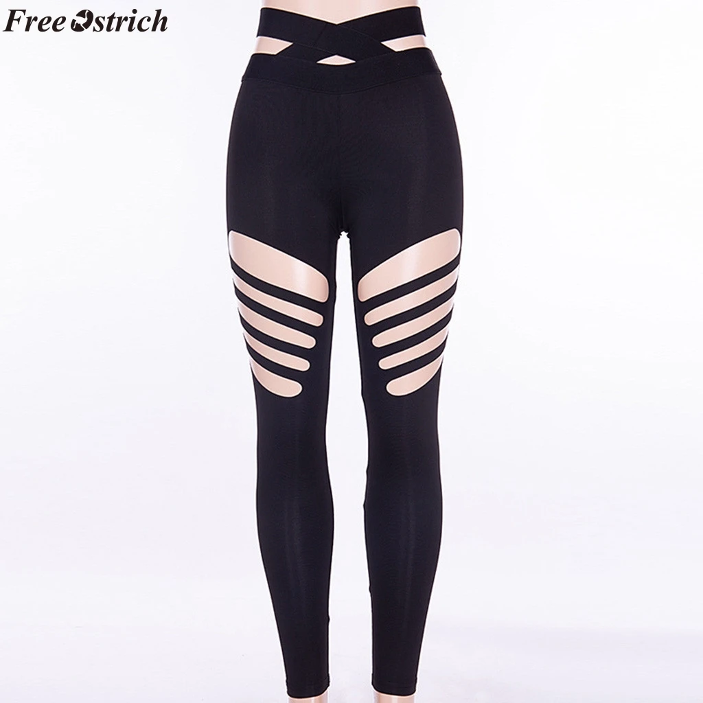 

FREE OSTRICH Women's Sexy Holes Cutout High Waist Leggings Elastic Push Up Pants Slim Jogging Workout Fitness Pants plus size
