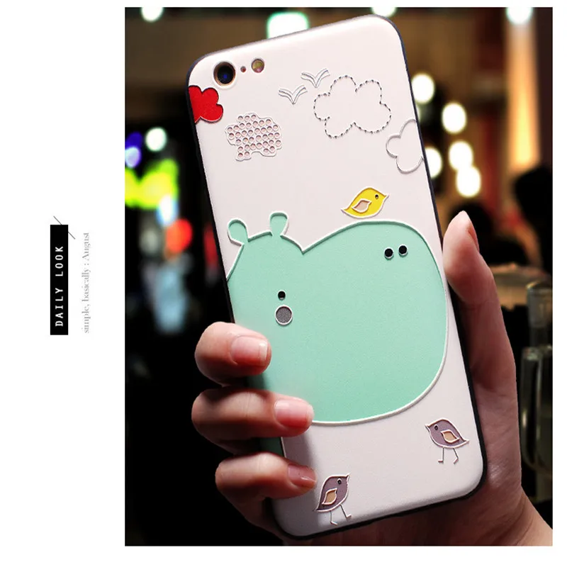 

3D Three-dimensional relief Flower For iphone 7 case Hippo Eephant cat pattern for iPhone 6 6S 7 8 plus X Soft silicone case