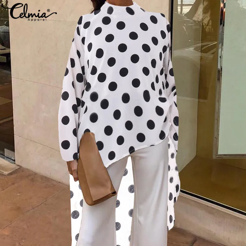 

Celmia Fashion Polka Tops Tunic Women Asymmetrical Dot Blouses 2019 Autumn O Neck Casual Loose Long Shirts Plus Size Blusa Mujer