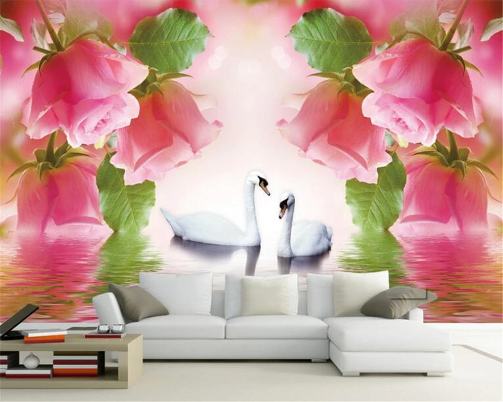 

Beibehang 3D Wallpaper Romantic Swan Pink Rose TV Background Wall Living Room Bedroom Background Mural wallpaper for walls 3 d