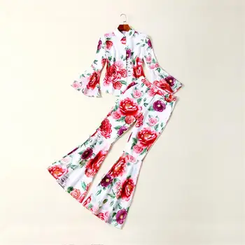 

Runway Designer Set 2018 High Quality Autumn Women Suits Long Sleeve Printed Shirt Top + Pants Two-piece Clothing Sets NP0017