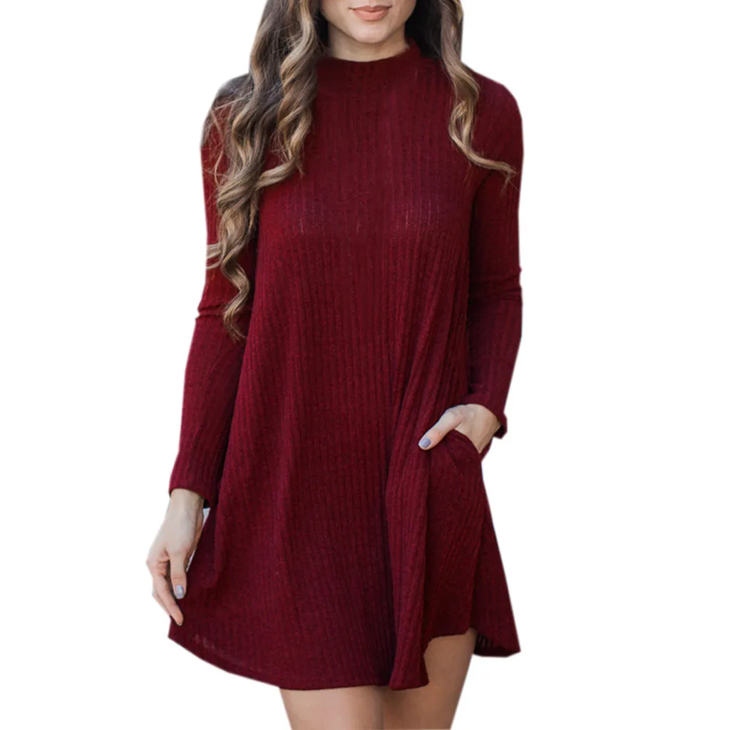

Women Sweater Warm Straight Dress Long Sleeve Turtleneck Mini Loose Pocket Vintage Party Dresses Winter Warm Sweater Vestido -30