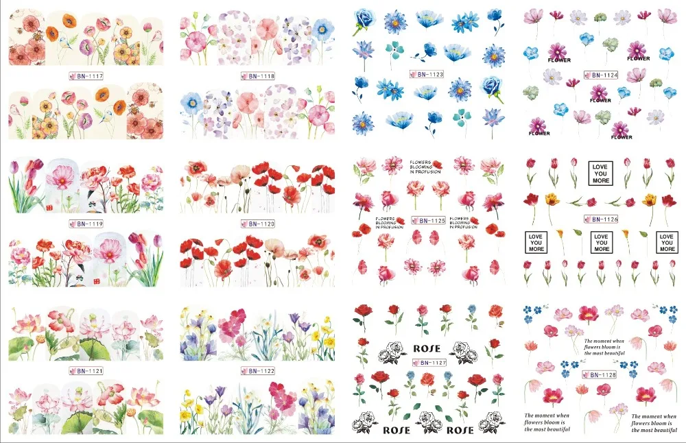 12 Designs/Set Water Decals Nail Slider Flora/ Cartoon/ Geometric Watermark Nail Sticker Decoration Wraps Manicure BN1117-1212