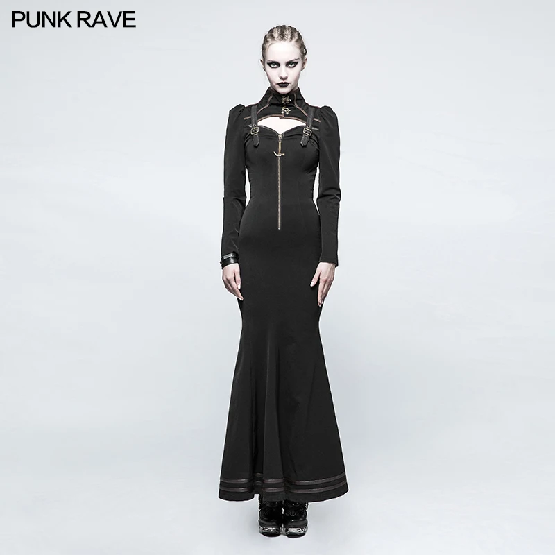 

PUNK RAVE Steampunk Women Black Dress Gothic Vampire Cosplay Dresses Slim Fit Fish Tail Sexy Evening Party Dresses