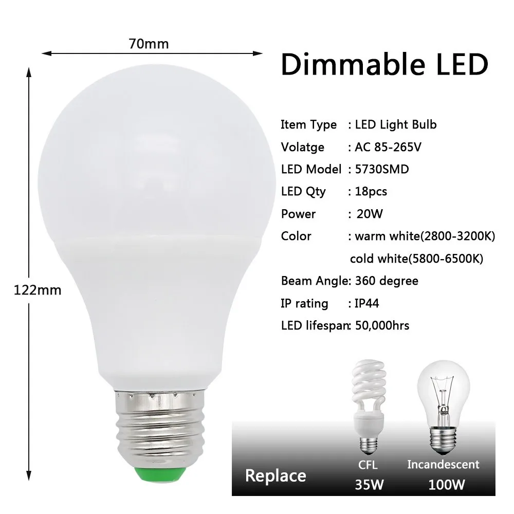 E27 20W затемняемый Светодиодный светильник SMD 5730 кукурузные лампы AC 220V 900lm светильник Точечный светильник для люстры AC 85-265V Bombillas