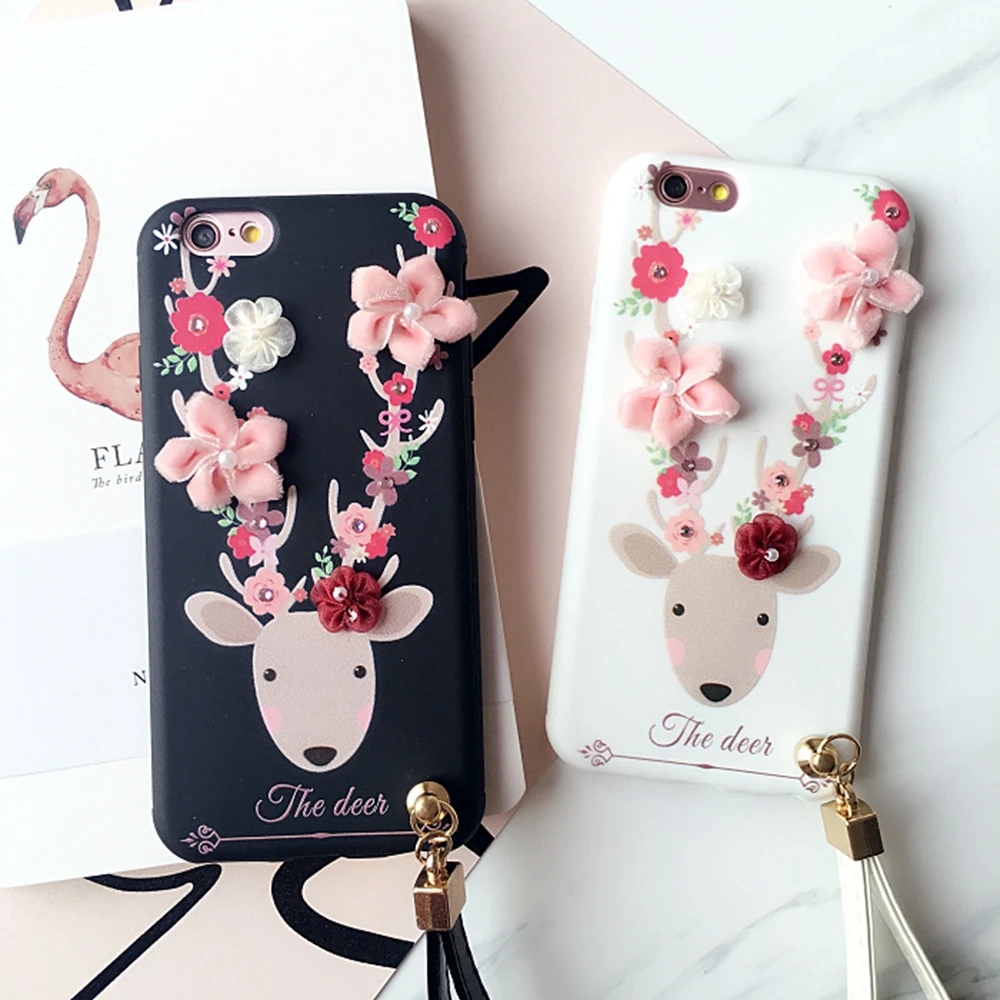 Luxury DIY Flower Sika Deer Case TPU Soft Silicone For iphone 6 6s 6plus 7 plus Back Cases Cover With Strap Coque Fundas Capa |