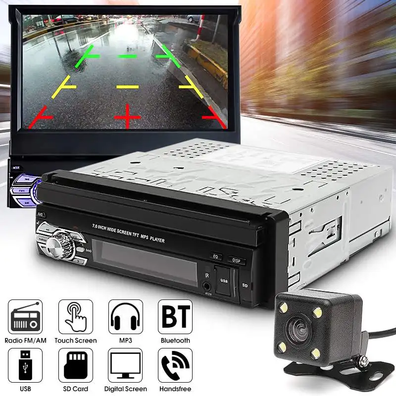 

1DIN 7 Inch HD Touc h Screen Universal Car Stereo MP3/MP5 FM bluetooth Player With Rear View Camera And Cable