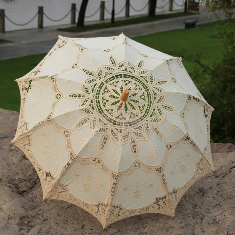 Outdoor Sun Protection Wedding Embrodiery Lace Parasol and Fan Set Party Guest Gifts
