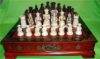 

Copper Brass craft decoration bronze factory Pure Brass Antique Chinese Qing Character 32 pieces chess & Leather Wood Box Fl