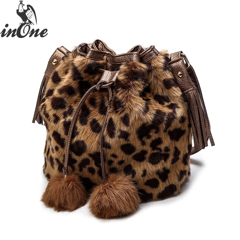 

INONE Vegan Bunny Rabbit Leopard Fur Crossbody Bucket Shoulder Bags for Women 2018 Bolsa Feminina Travel Purse String Handbags