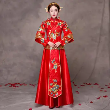 

Ancient Female Red Cheongsam Chinese Women Embroidery Qipao Oriental Bride Wedding Dress Classic Flower Toast Clothing Vestidos