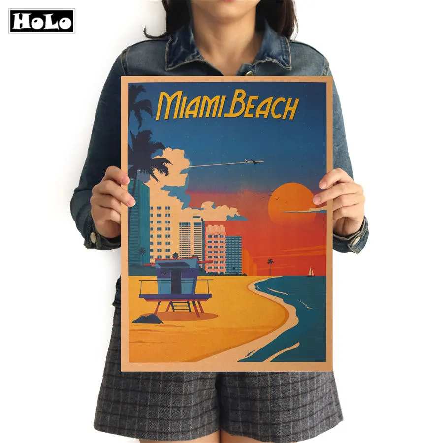 Miami Beach City дорожная Наклейка на стену ретро постер винтажный подвесной