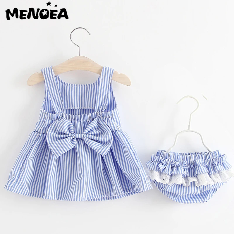

Menoea Baby Clothing Sets Cute Summer Sleeveless Dress Girls Three Piece Sets Short Pants+Dress Set Stripe Patten for Baby 6-24M