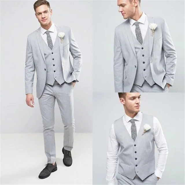Светло-серые свадебные тонкие мужские костюмы 2019 высокое качество однобортные Мужские костюмы Жених Мужские костюмы 3 шт. (куртка + брюки +