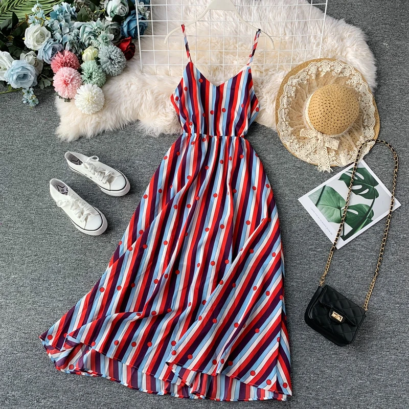 

Striped Sundress V Neck Korean Boho Backless Tunic Spaghetti Strap Sleeveless Plus Size Long Beach Summer Dress Women Vestidos