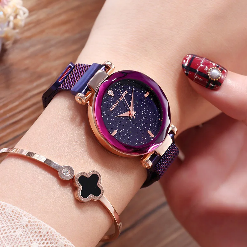 

Rose Gold Women Watch Luxury Brand Steel Ladies Quartz Wristwatches Fashion Star Dial Rhinestone Female Watch Relogio Feminino
