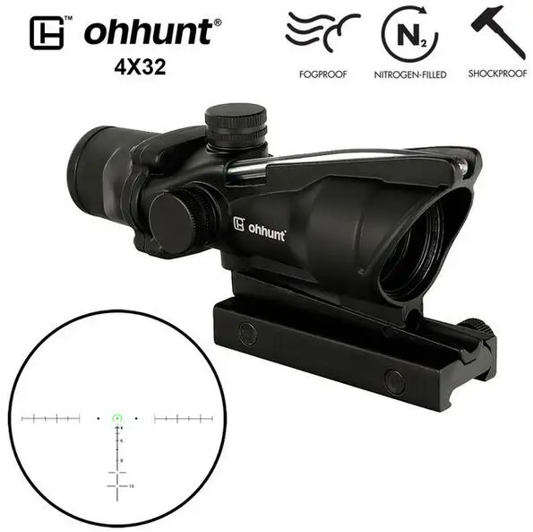 Ohhunt Охота 4X32 ACOG реальный оптоволоконный прицел BDC шеврон Подкова Сетка тактические оптические прицелы для cal. 223. 308 печать логотипа - Цвет: Reticle NO.3 GREEN