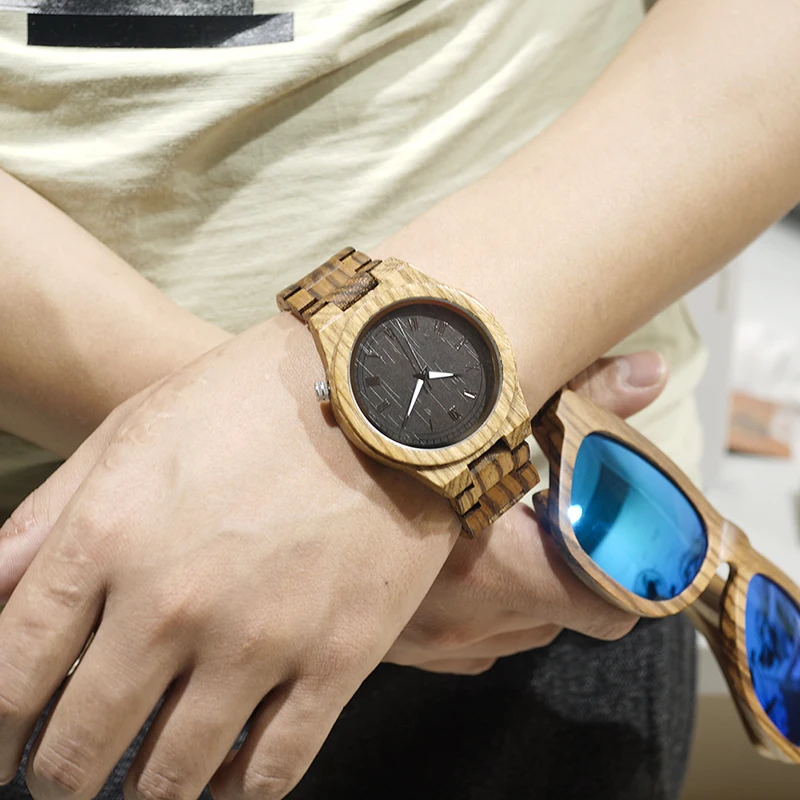BOBO BIRD Mens Watch Zebra Wood Quartz Watch with Luminous Hands Full Wood Band in Gift Box custom logo saat erkek relojes