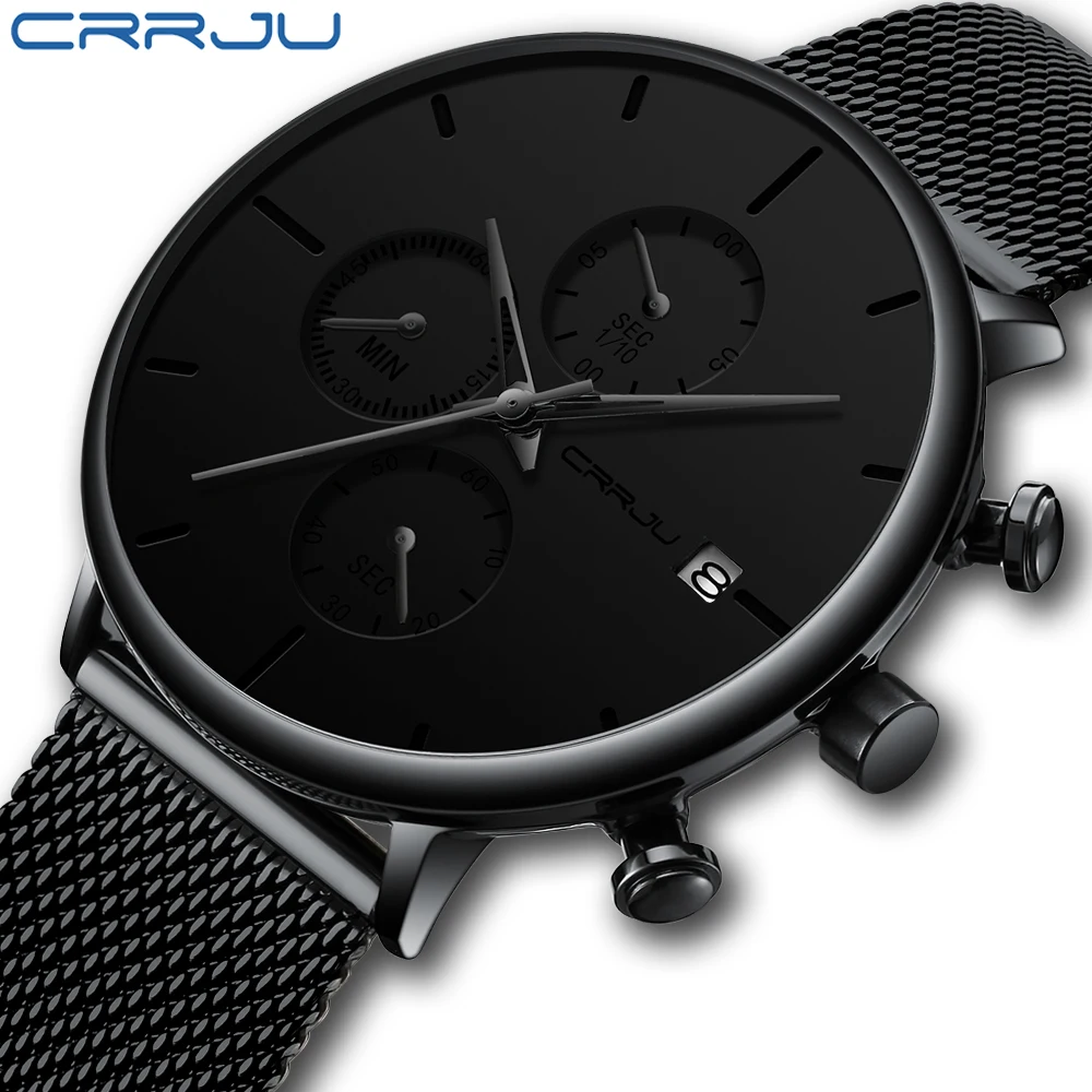 Men Watch Crrju Watches New Sport Military Top Brand Luxury Black Steel Strap Wristwatch Relogio-3
