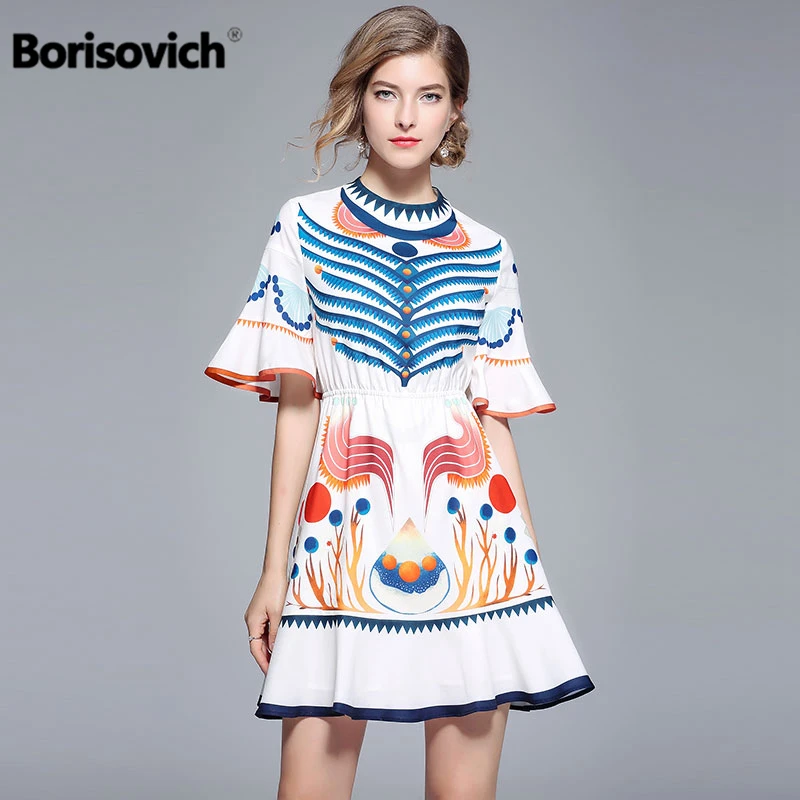 

Borisovich Runway Dress New Brand 2018 Summer Fashion Vintage Print Flare Sleeve Ruffles Elegant Women Casual Dresses M783