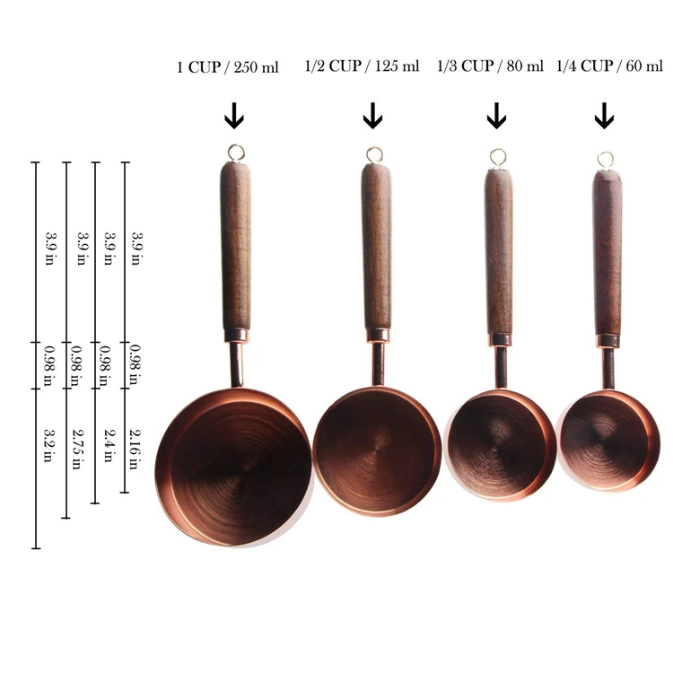 LMETJMA 4 шт./компл. Нержавеющая сталь мерные чашки с деревянной ручкой из розового золота мерные чашки набор для выпечки сахар Кофе KC0059