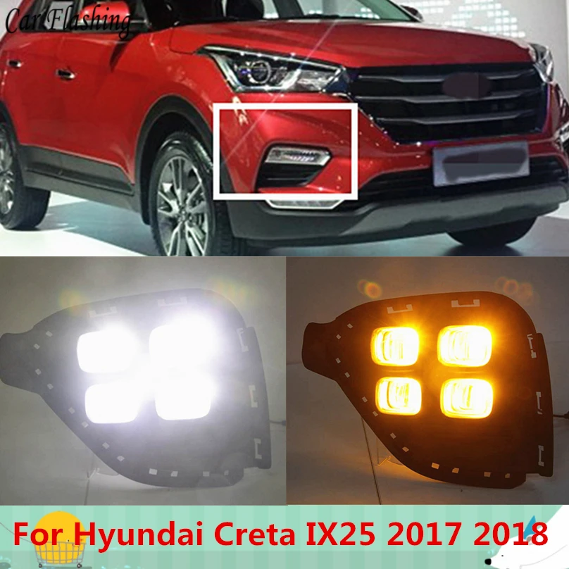 

Car Flashing For Hyundai Creta IX25 2017 2018 LED DRL Daytime Running Light Daylight Waterproof yellow Signal lamp car-Styling