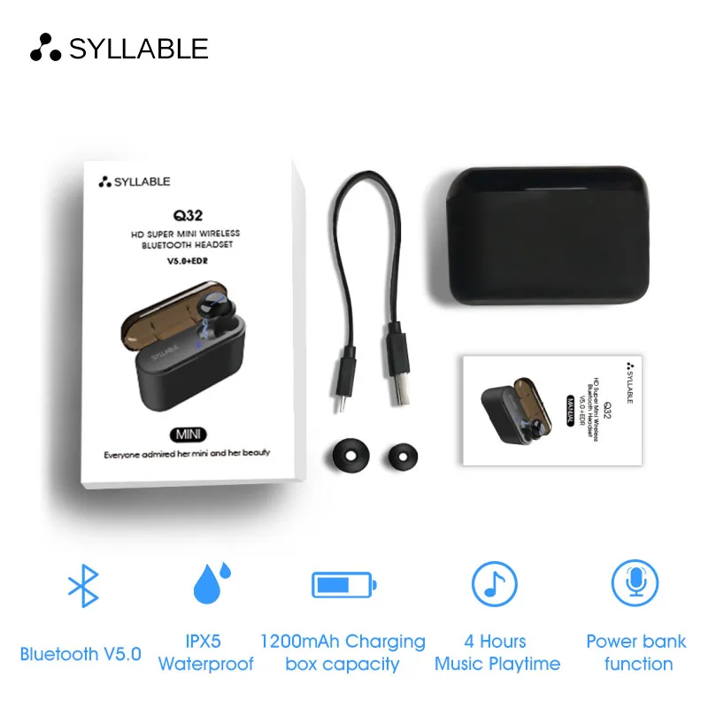 

Original SYLLABLE Q32 Power bank function bluetooth V5.0 earphone noise reduction headset sweatproof earbuds for Android IOS