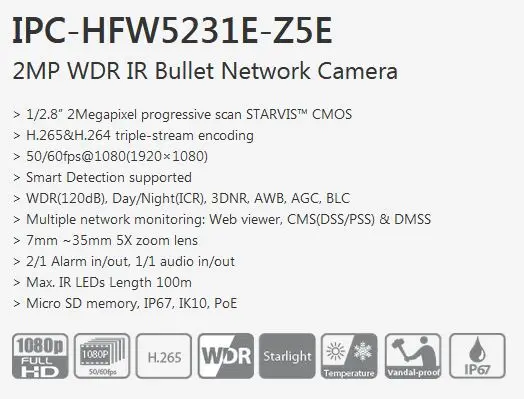 Dahua 2MP IPC-HFW5231E-Z5E IP камера POE H.265 IR 100m SD слот для карты пуля сетевая камера для наружного DH-IPC-HFW5231EP-Z5E