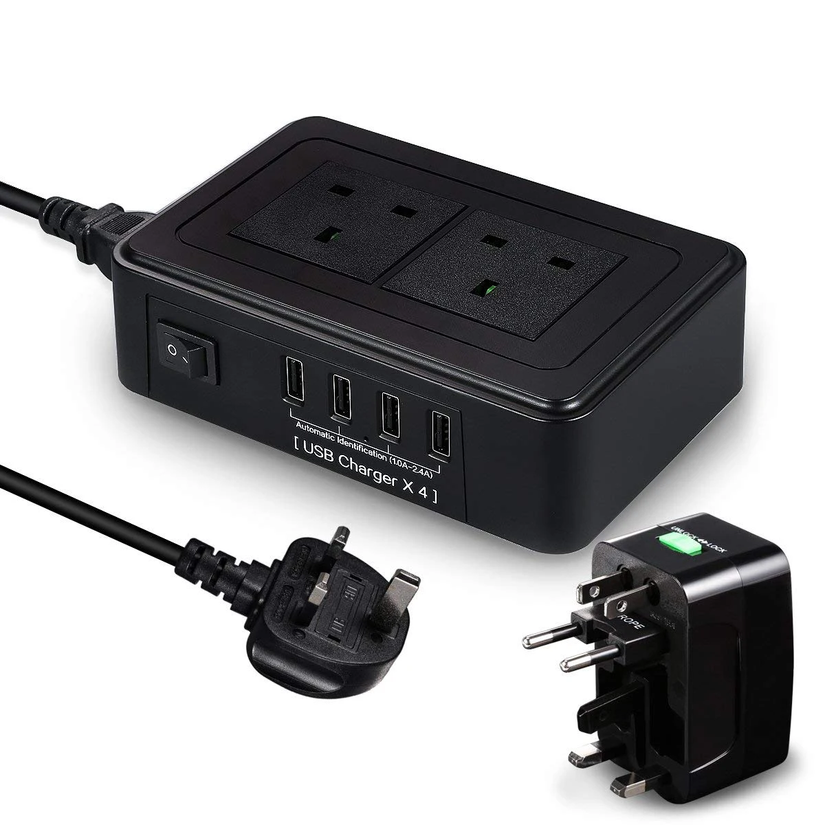 Travel Power Strip 2 Way Outlet UK Plug,4 USB Ports Switched Extension