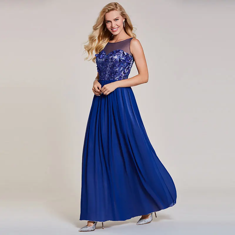 Tanpell синее вечернее платье с глубоким круглым декольте без рукавов с аппликацией на молнии ТРАПЕЦИЕВИДНОЕ ПЛАТЬЕ женские вечерние длинное вечернее платье для выпускного вечера