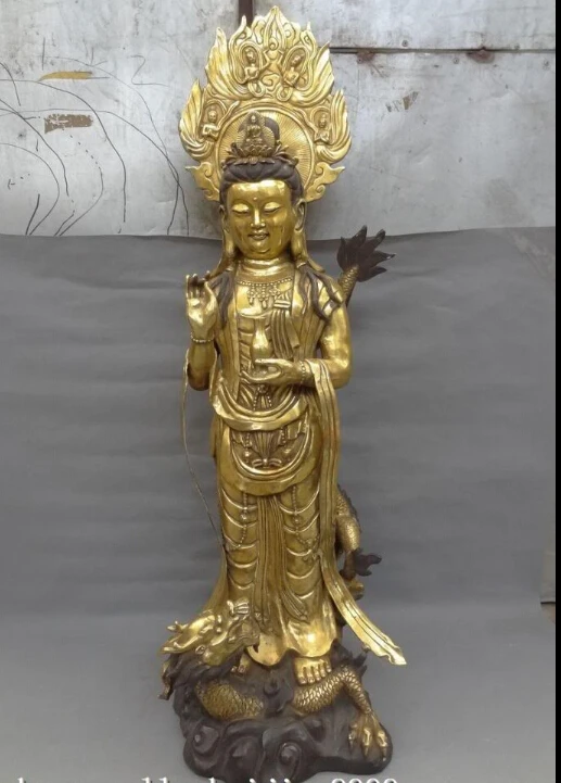 

46" Chinese Bronze Gilt Pray Standing KwaYin Guan Yin Pot Ride Dragon Statue