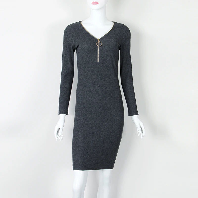 Платье-футляр длиной до колена, женское осенне-зимнее облегающее теплое платье на молнии, сексуальные женские платья с длинным рукавом, платье миди GV1036