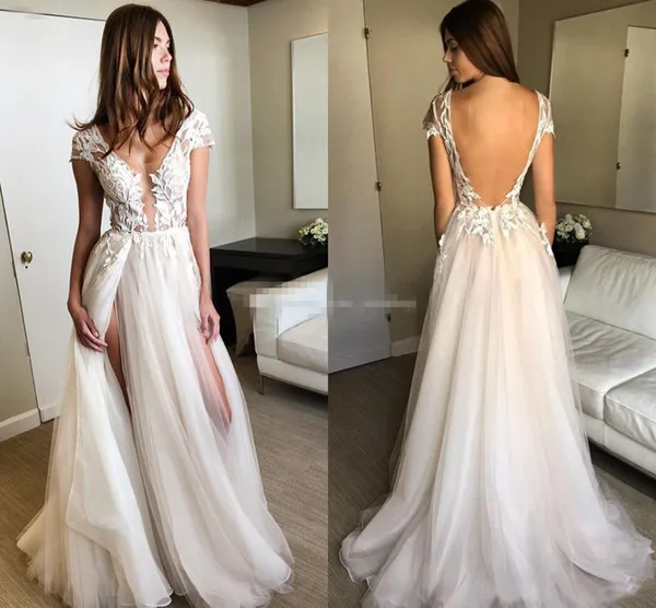 A Line Wedding Dresses Summer Lace Bohemian Wedding Dresses Bridal Gowns Sexy Backless High Split Beach Bridal Dress Berta Bridal