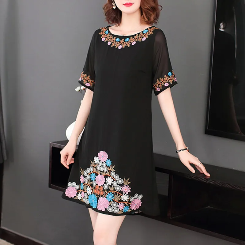 

Women's Clothing 2019 New Summer Fashion Europe Style O-Neck Embroidery Chiffon Dress A-line Short Dresses Female